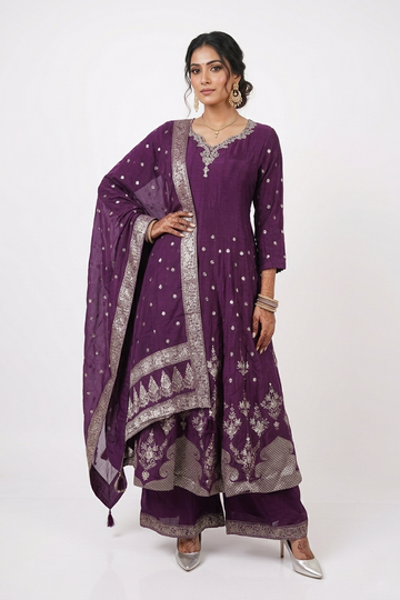 Dark Purple Zari Embroidered Anarkali Kurta Set With Dupatta
