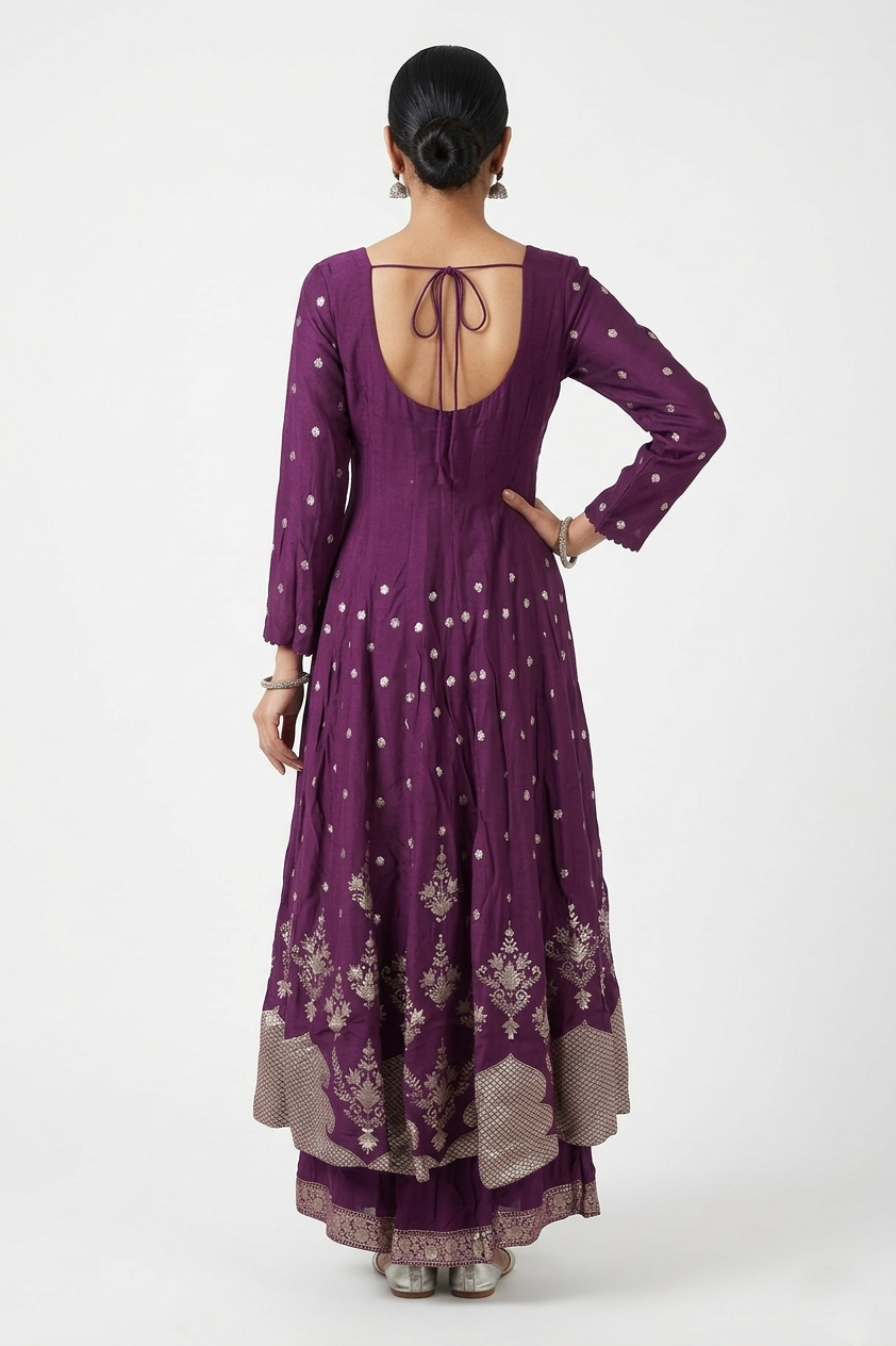 Dark Purple Zari Embroidered Anarkali Kurta Set With Dupatta