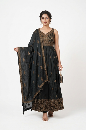 Midnight Teal Zari Embroidered Anarkali Set with Dupatta