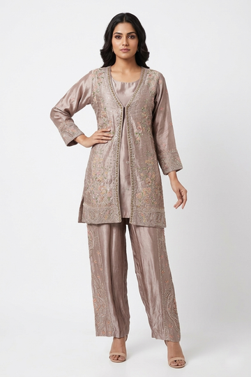 Blush Mauve Embroidered Jacket Style Kurta Set with Pants