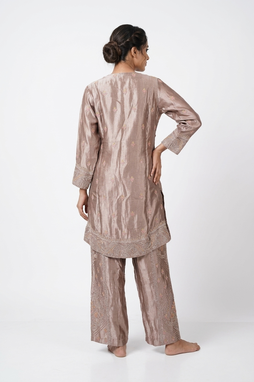 Blush Mauve Embroidered Jacket Style Kurta Set with Pants