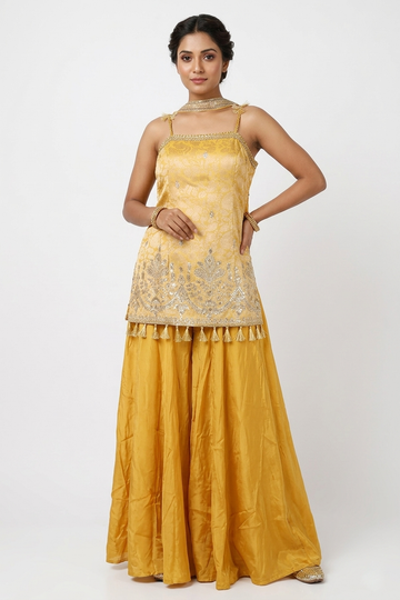 Yellow Gold Embroidered Kurta Sharara Set With Dupatta
