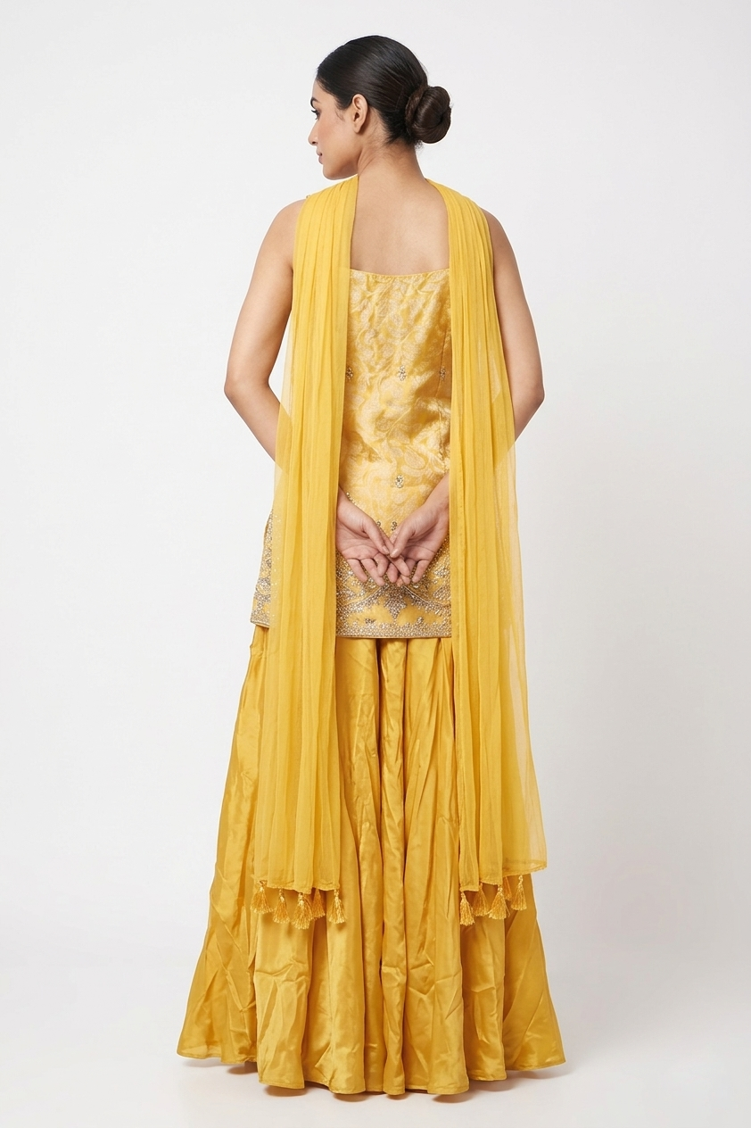 Yellow Gold Embroidered Kurta Sharara Set With Dupatta
