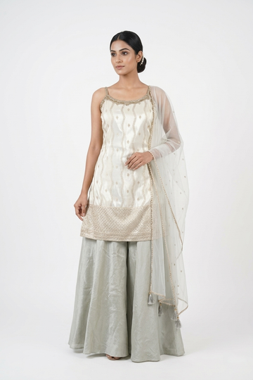 Ivory & Sage Embroidered Kurta Sharara Set with Dupatta