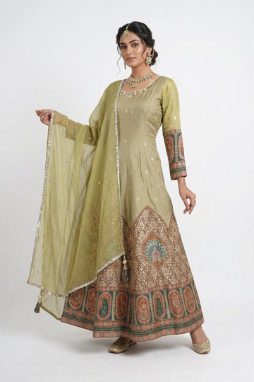 Olive Green Royal Banarasi Designer Gown With Dupatta