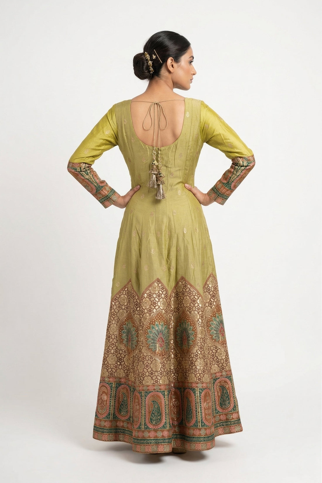 Olive Green Royal Banarasi Designer Gown With Dupatta