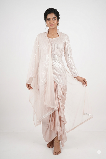 Pink Indo-western Dhoti Set With Sequin Kurta & Sheer Dupatta