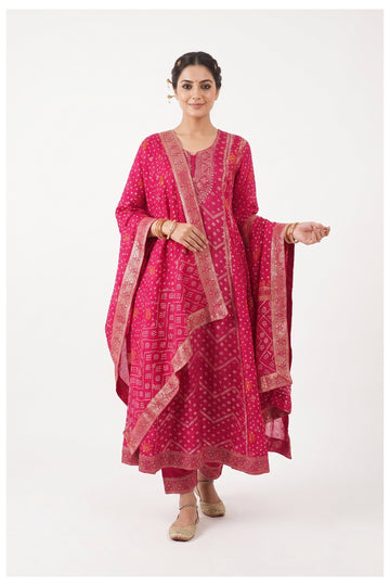Rani Pink Bandhani Print Kurta Pant Set With Dupatta