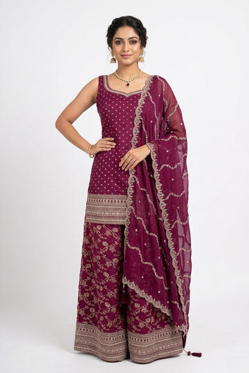 Wine Maroon Embroidered Kurta Sharara Set with Dupatta