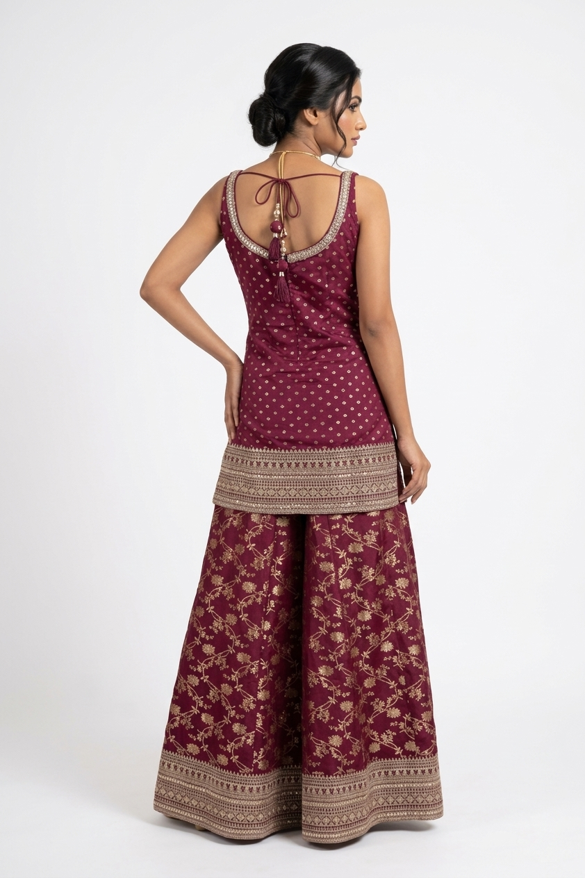 Wine Maroon Embroidered Kurta Sharara Set with Dupatta