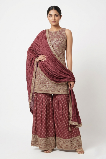 Antique Rose Gold Embroidered Kurta Sharara Set with Crushed Dupatta