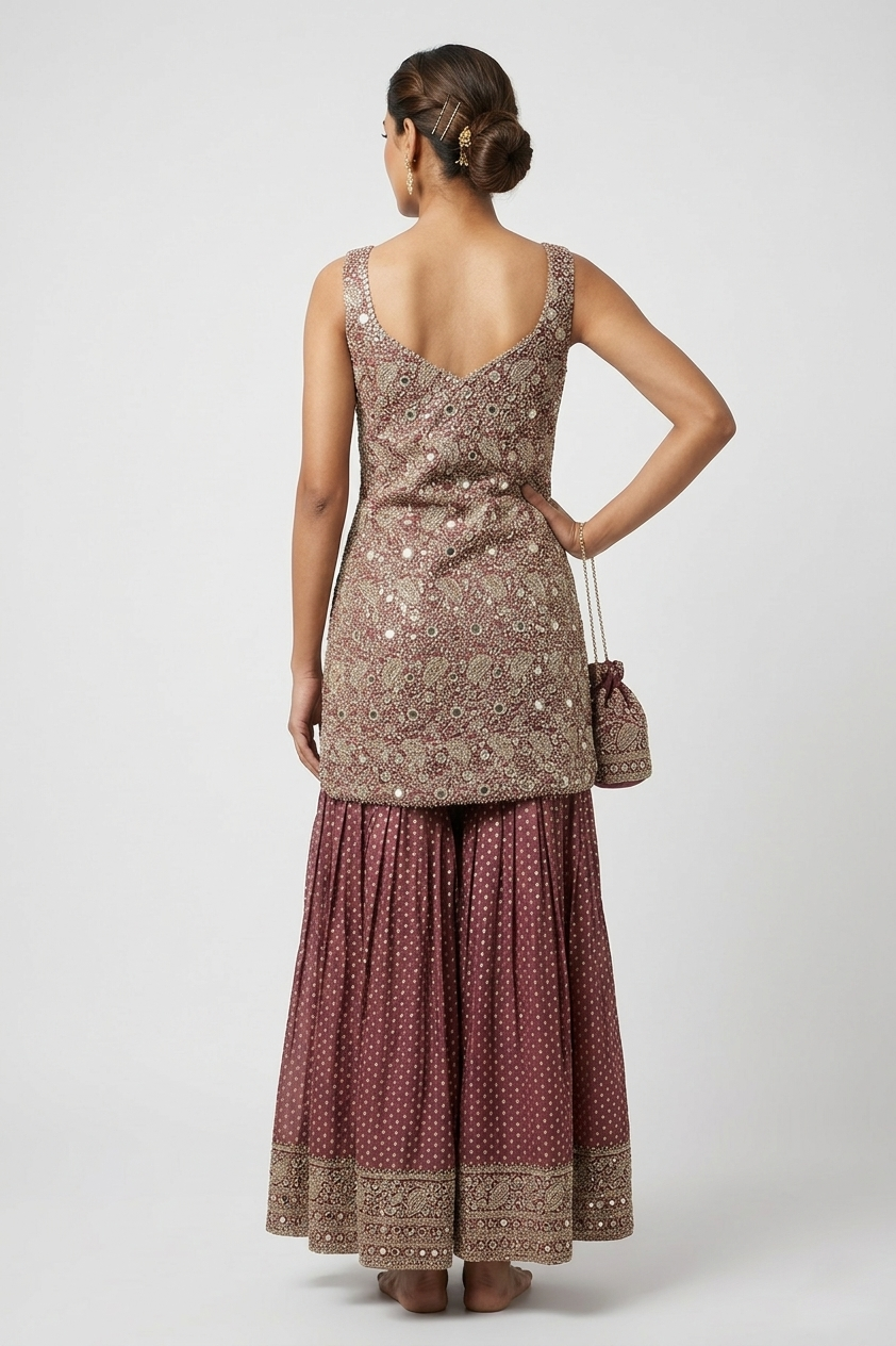 Antique Rose Gold Embroidered Kurta Sharara Set with Crushed Dupatta
