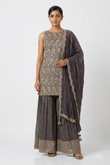 Elegant Charcoal Grey Embroidered Kurta Set Dupatta