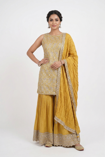 Gold Embroidered Kurta Sharara Set With Dupatta