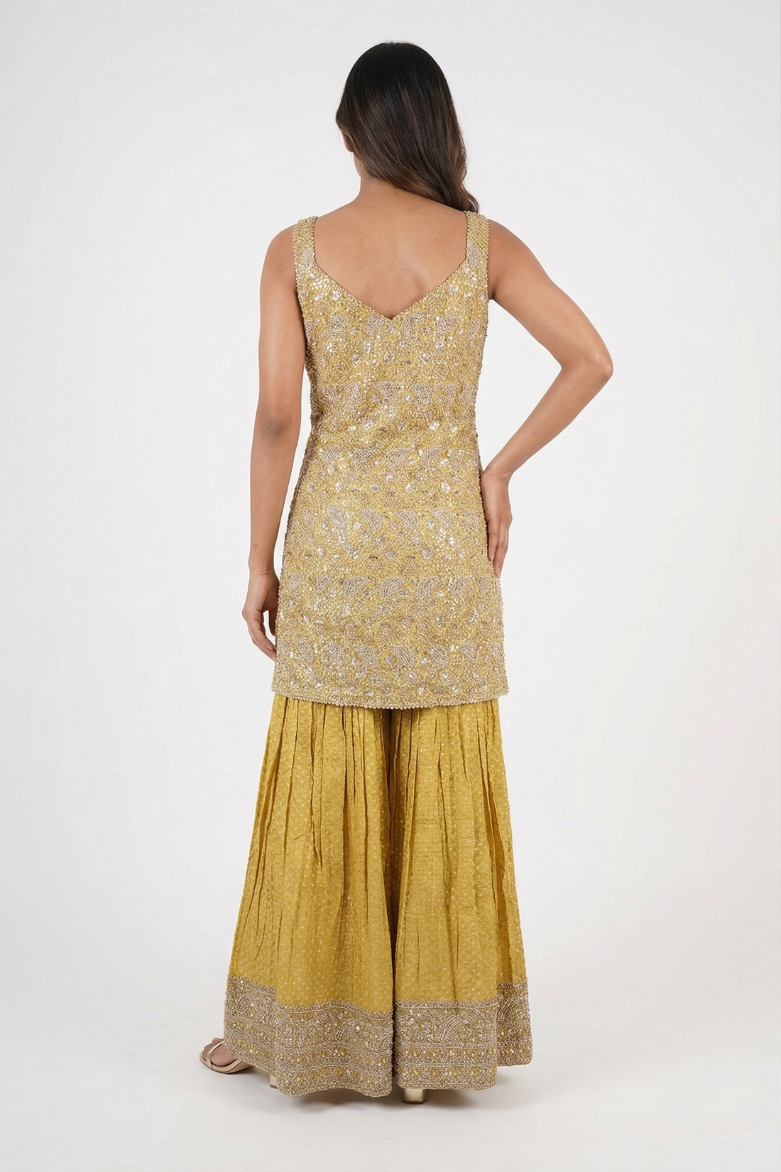 Gold Embroidered Kurta Sharara Set With Dupatta
