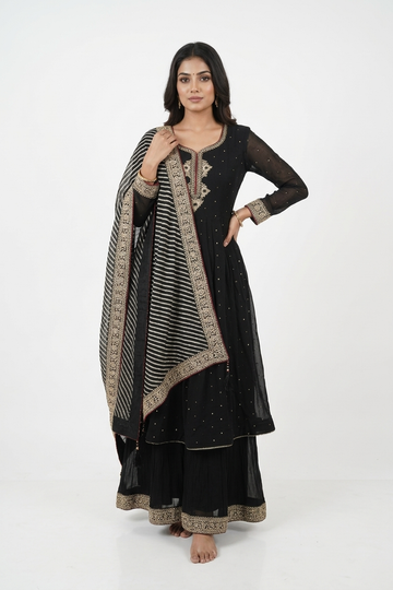 Black Embroidered Kurta Set With Striped Dupatta