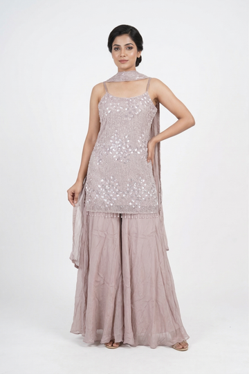 Dusty Mauve Embellished Kurta Palazzo Set With Dupatta