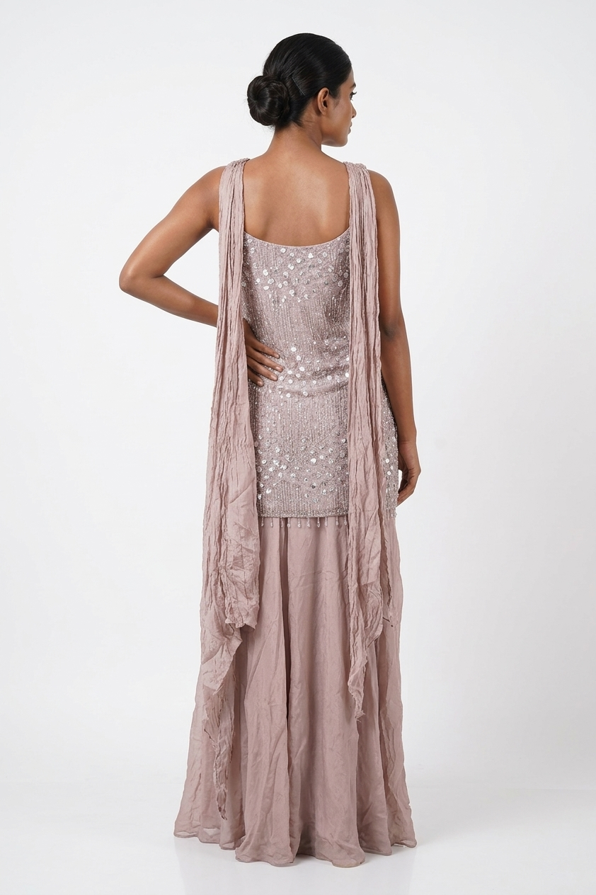 Dusty Mauve Embellished Kurta Palazzo Set With Dupatta