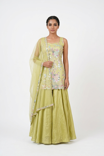 Pistachio Green Floral Embroidered Kurta Palazzo Set With Dupatta