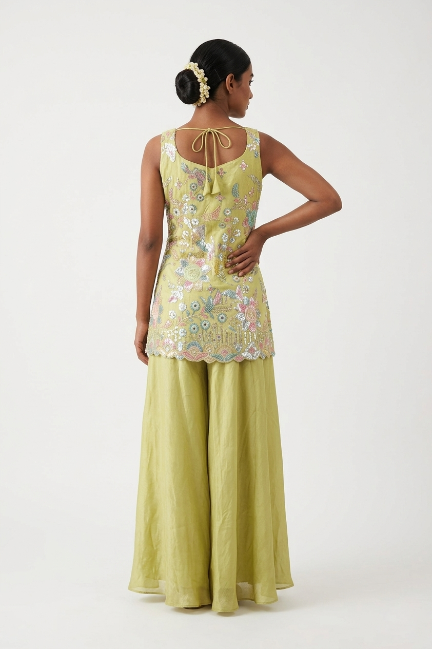 Pistachio Green Floral Embroidered Kurta Palazzo Set With Dupatta