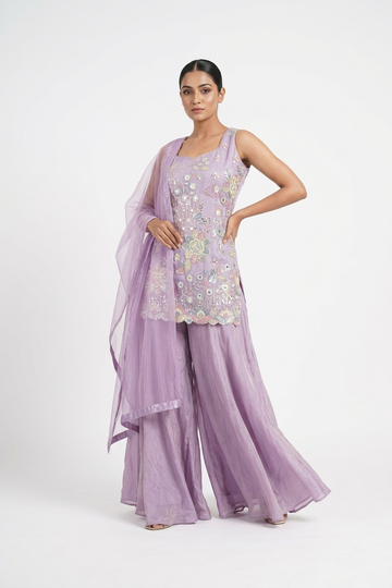 Light Purple Floral Embroidered Kurta Palazzo Set With Dupatta