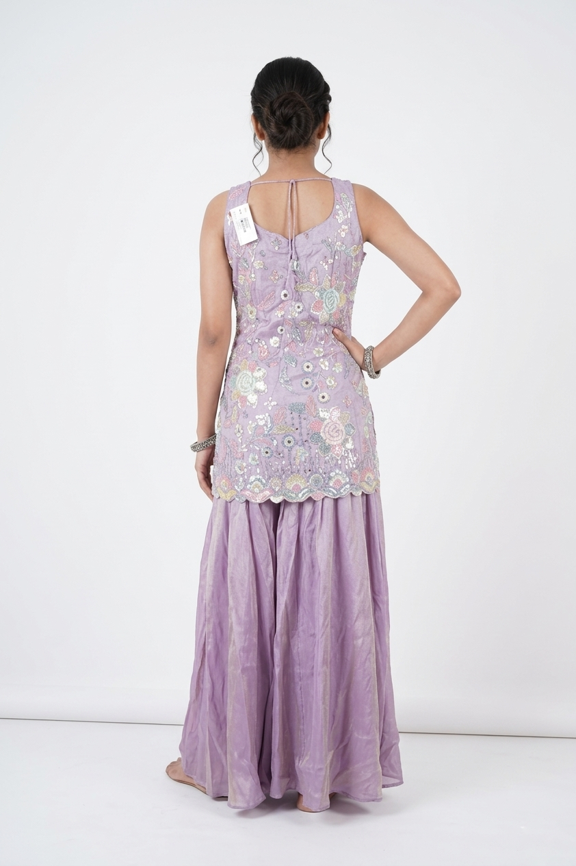 Light Purple Floral Embroidered Kurta Palazzo Set With Dupatta