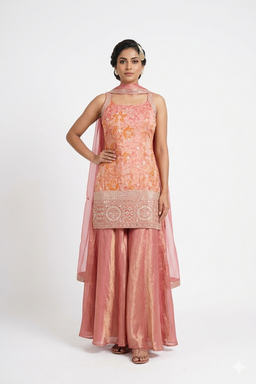 Peach Floral Embroidered Sharara Suit Set With Organza Dupatta