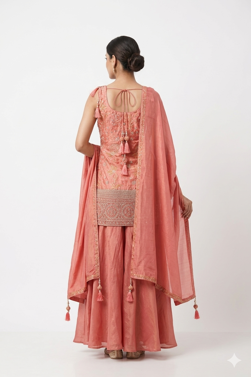 Peach Floral Embroidered Sharara Suit Set With Organza Dupatta
