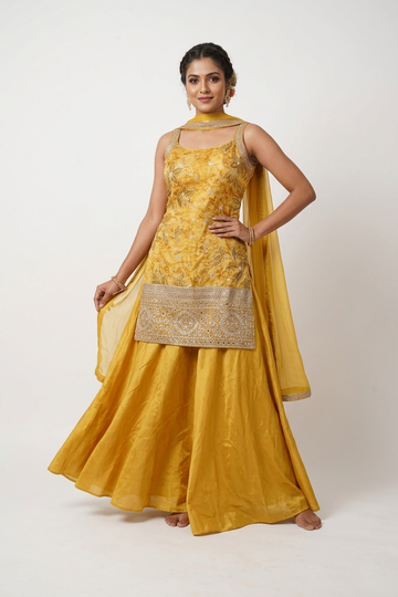 Yellow Embroidered Kurta Sharara Set With Dupatta