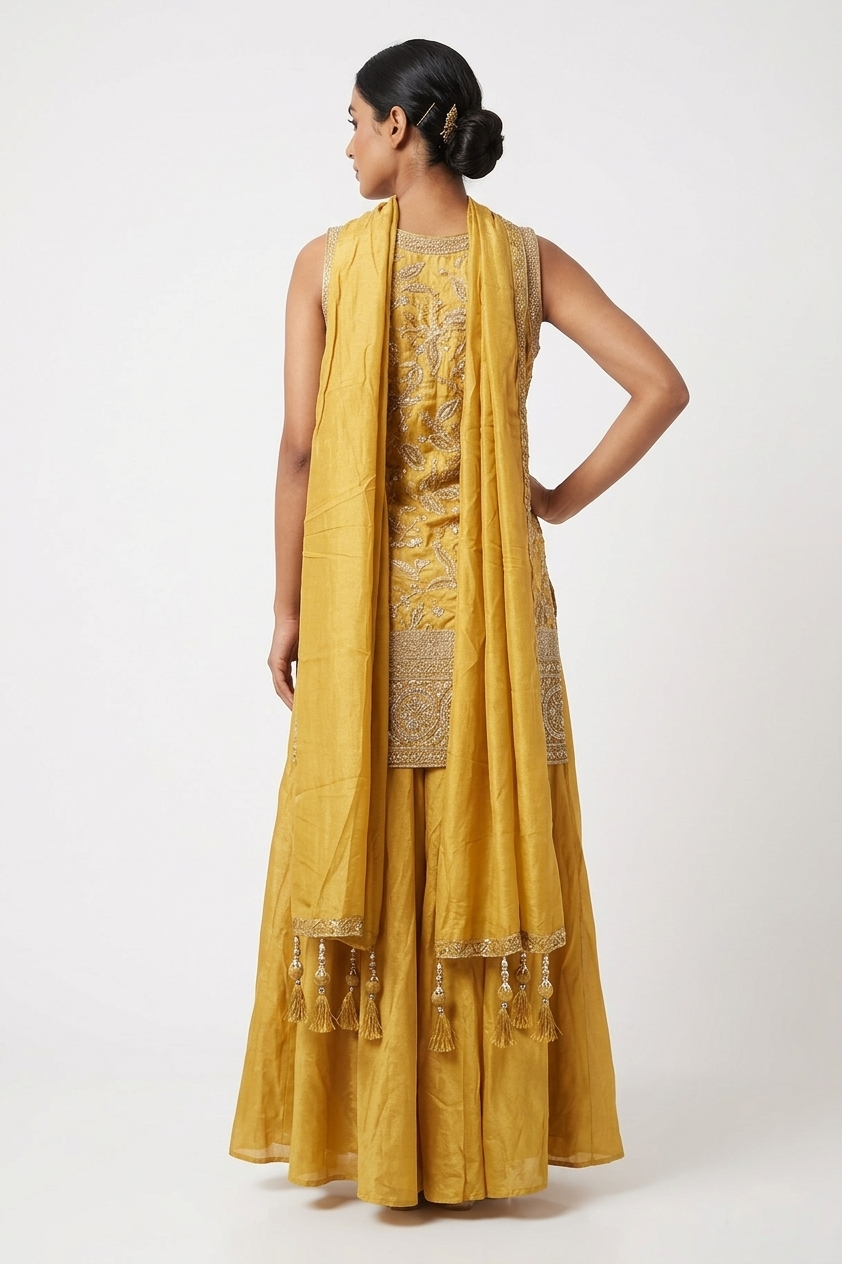 Yellow Embroidered Kurta Sharara Set With Dupatta