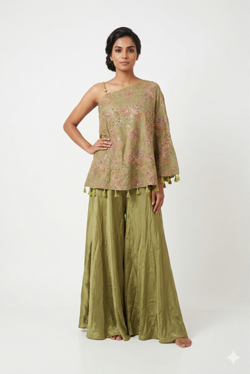 Olive Green Indo-western Co-ord Set With Embroidered One-shoulder Top & Palazzo