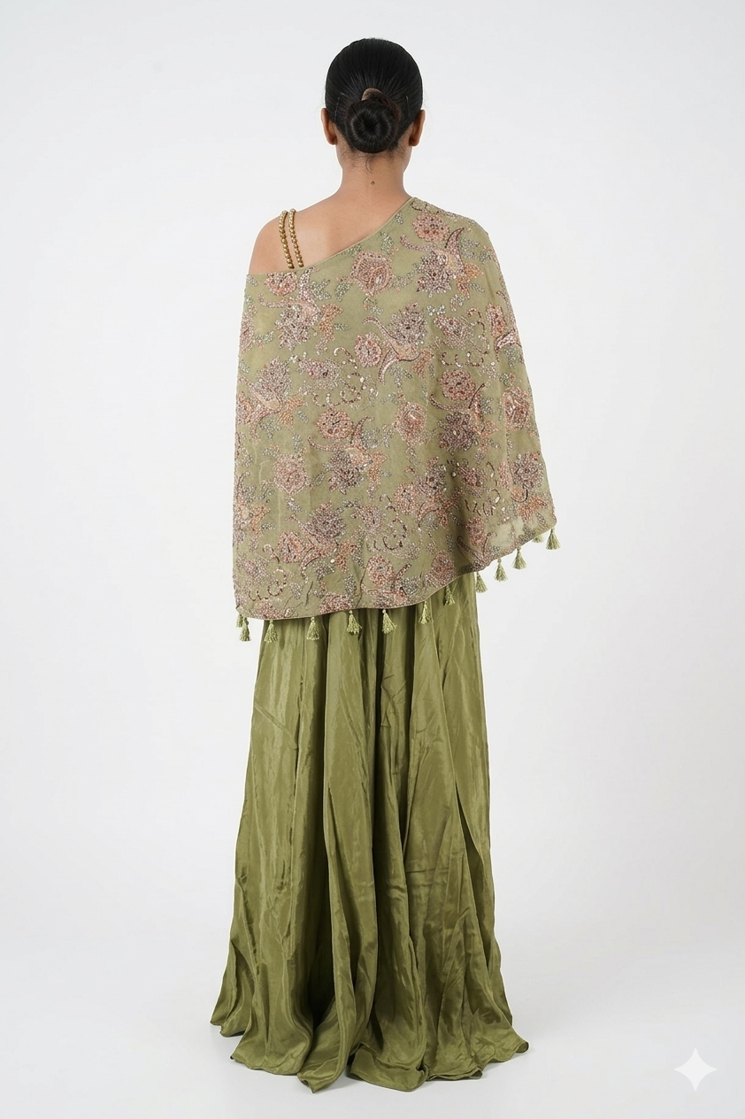 Olive Green Indo-western Co-ord Set With Embroidered One-shoulder Top & Palazzo