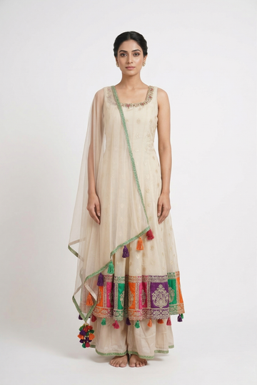 ANTIQUE WHITE Multicolour Border Embroidered Indo-Western Kurta & Palazzo Set with Dupatta