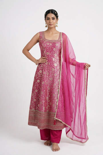 Dark Pink Banarasi Silk Anarkali Suit Set with Palazzo