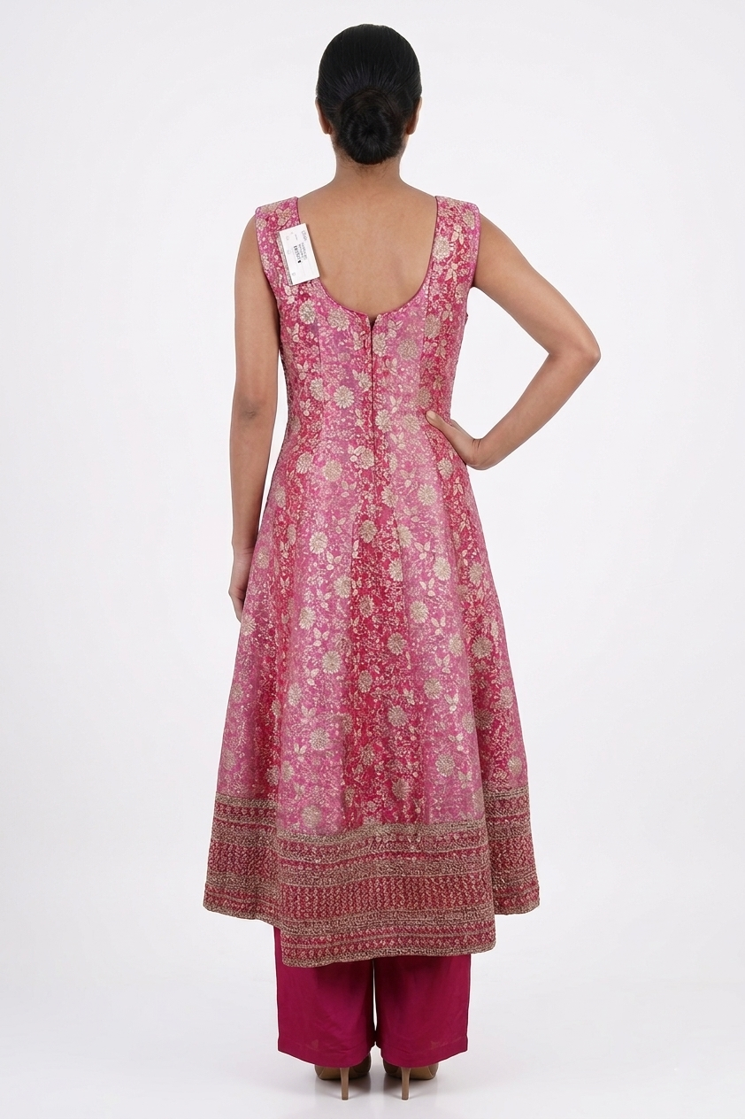 Dark Pink Banarasi Silk Anarkali Suit Set with Palazzo