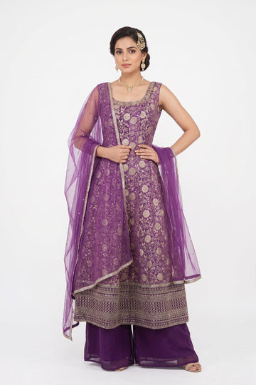 Royal Purple Zari Embroidered Anarkali Palazzo Set