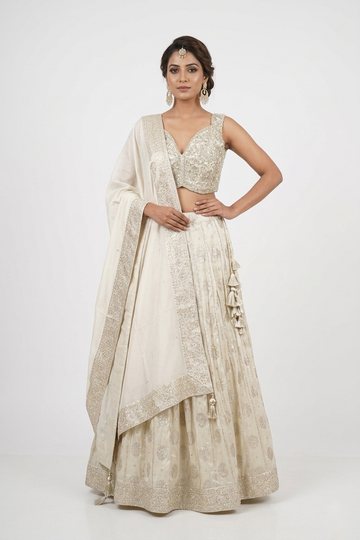 Ivory Elegance Embroidered Lehenga Set With Organza Dupatta