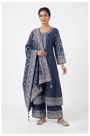 Royal Blue Heavy Embroidered Kurta Palazzo Set With Designer Dupatta