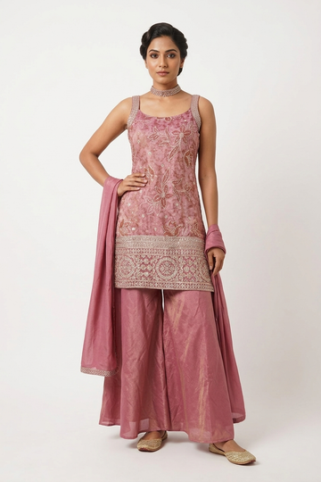 Rose Pink Embroidered Kurta Palazzo Set With Elegant Dupatta