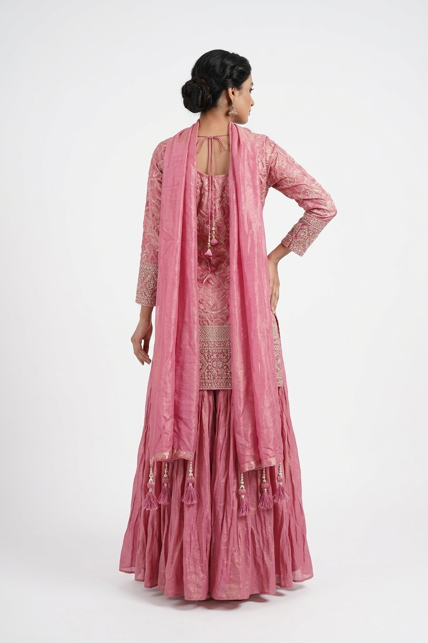 Rose Pink Embroidered Kurta Palazzo Set With Elegant Dupatta