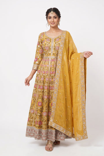 Sunshine Yellow Floral Embroidered Anarkali Gown Set