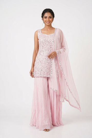 Blush Pink Sequin Embroidered Kurta Palazzo Set With Dupatta