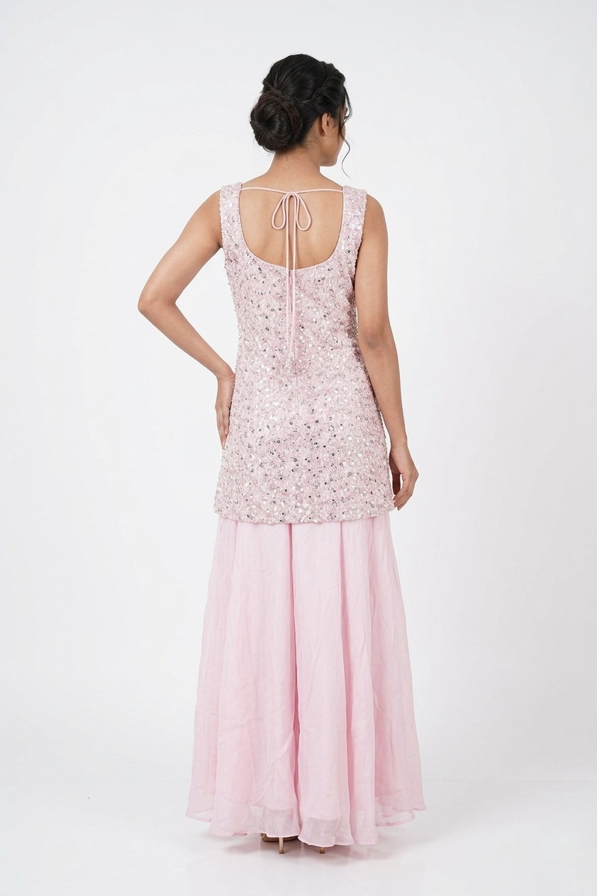 Blush Pink Sequin Embroidered Kurta Palazzo Set With Dupatta