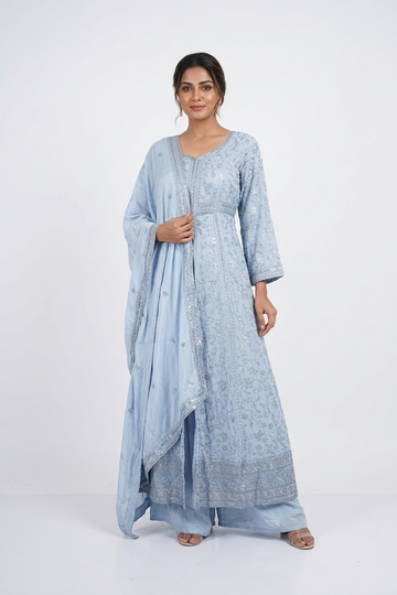 Pastel Sky Blue Embroidered Anarkali Kurta Set With Dupatta