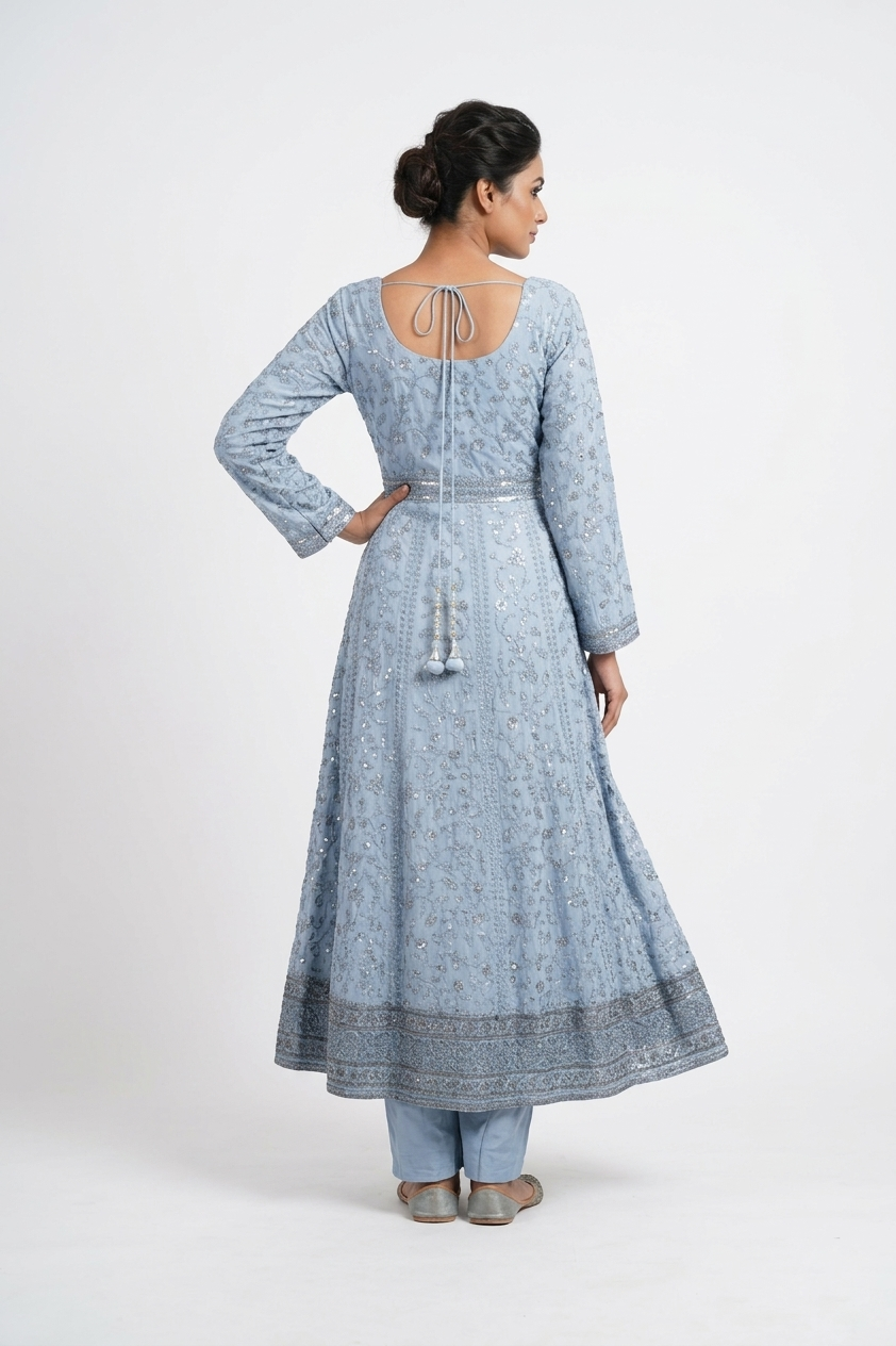 Pastel Sky Blue Embroidered Anarkali Kurta Set With Dupatta