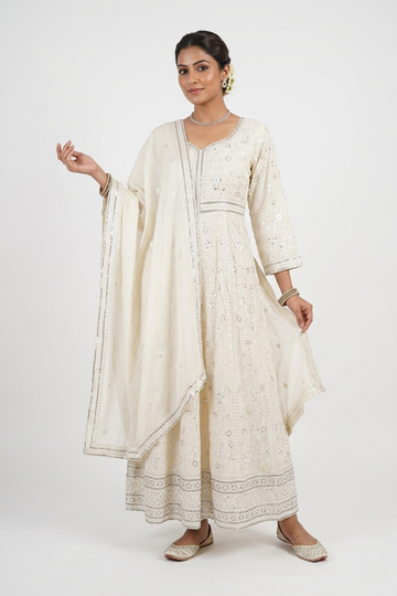 Ivory Elegance Embroidered Anarkali Set With Dupatta