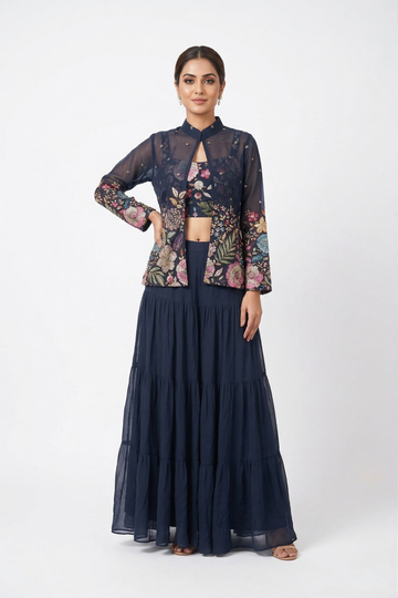 DARK DEEP STEEL BLUE Jacket Lehenga Set