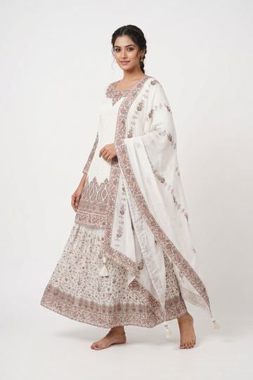 Ivory Floral Printed Kurta Set With Dupatta & Flared Skirt