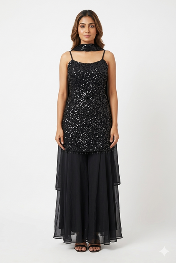 Dark Navy Blue Sequin Indo-western Set With Sheer Palazzo & Dupatta