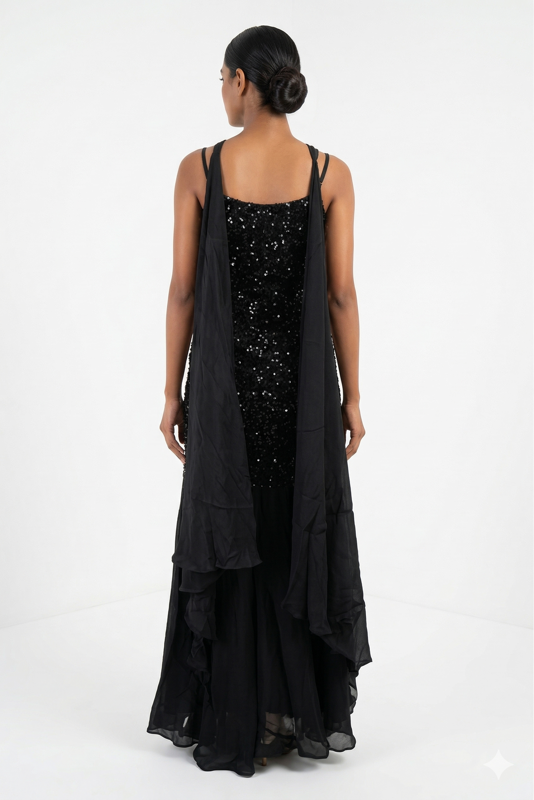 Dark Navy Blue Sequin Indo-western Set With Sheer Palazzo & Dupatta